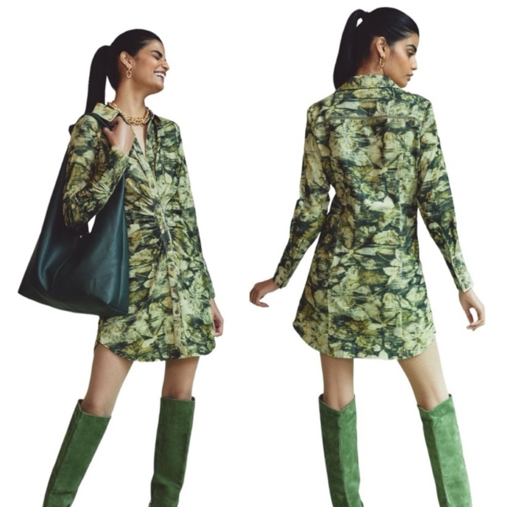 Anthropologie Pilcro Ruched Corduroy Button Floral Camo Shirt Dress Green 10